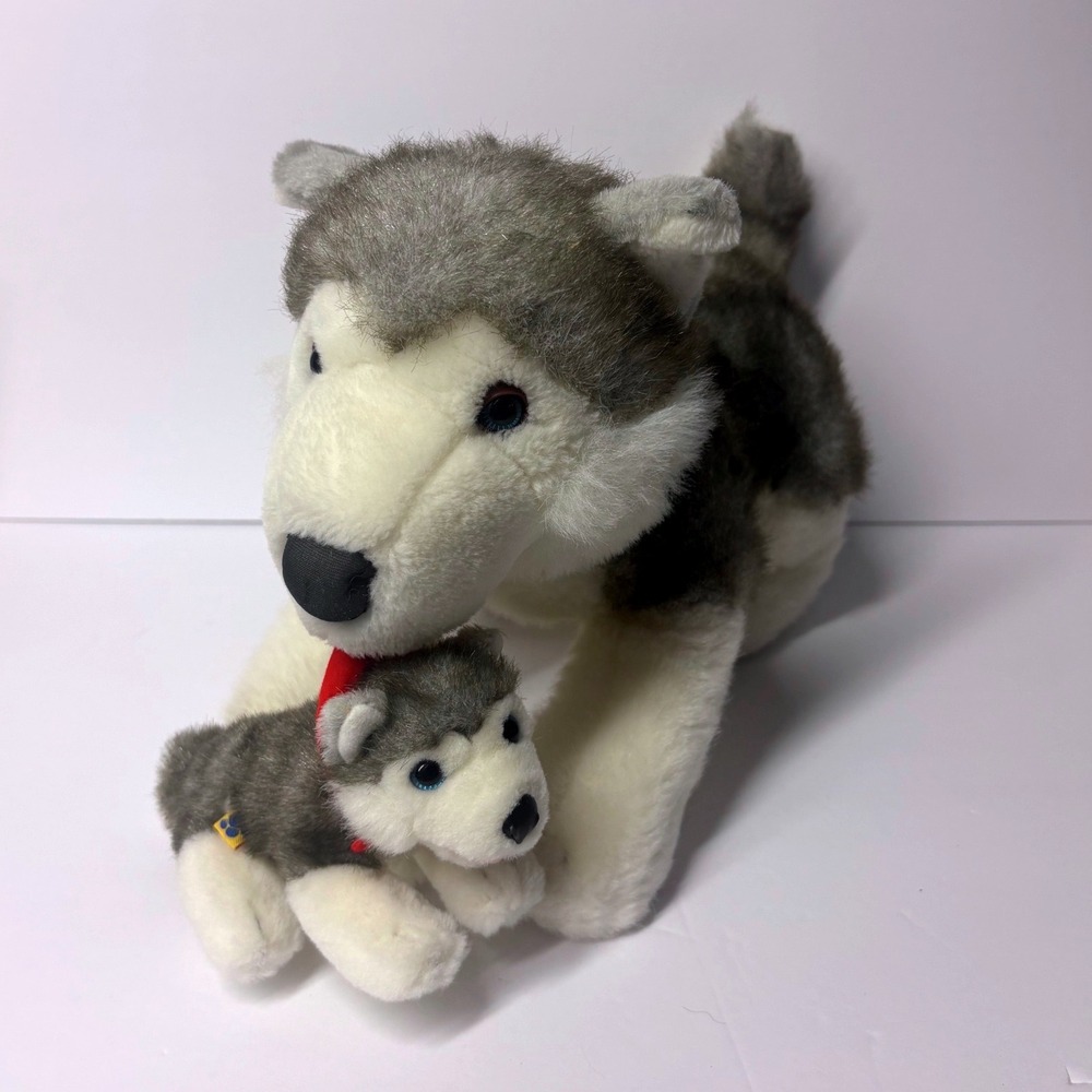 Build-A-Bear BAB Workshop Husky Mom & Puppy Magentic Plush Dog Grey White